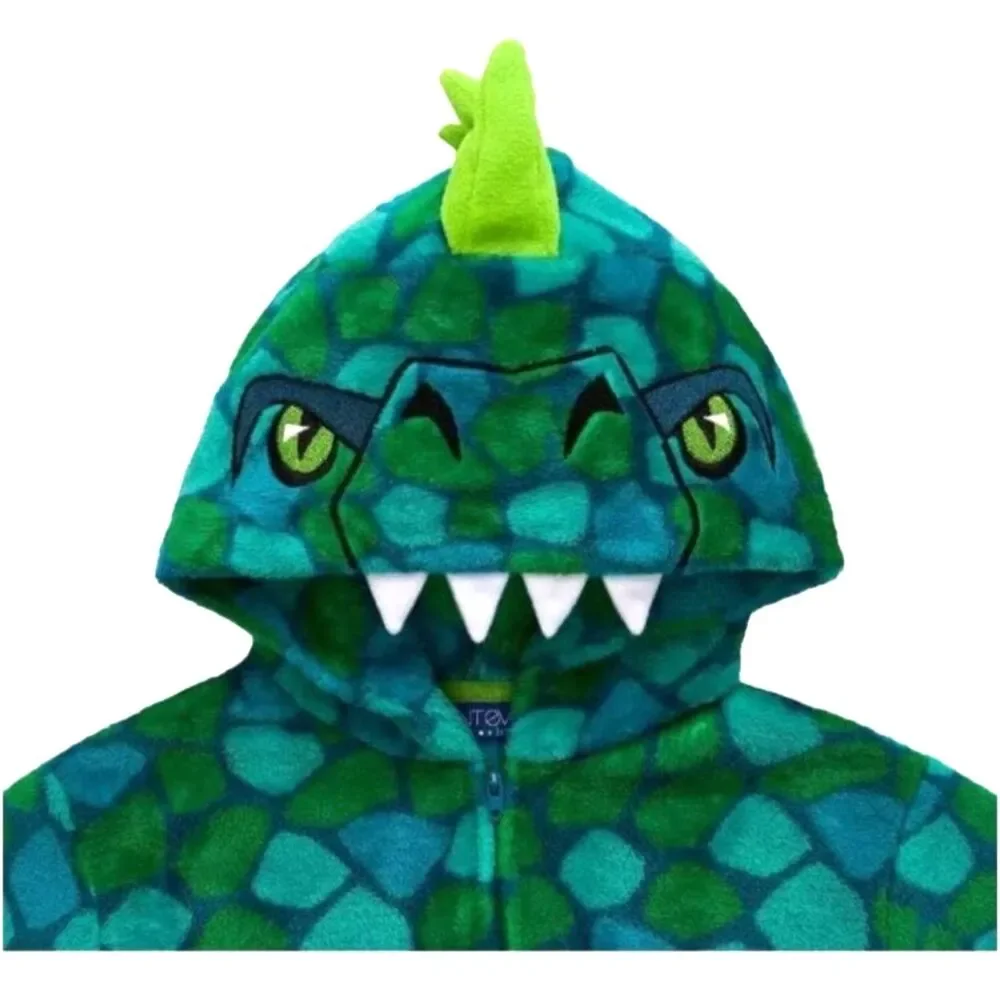 Boy Fleece Green Dinosaur One Pc Pajama Jumpsuit Hood Sleeper M 10-12 Saint Eve